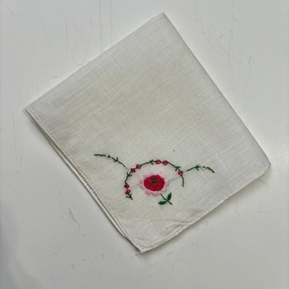 Embroidered Linen Pink Floral Handkerchief Bridesmaid Wedding Cottage Core Vtg